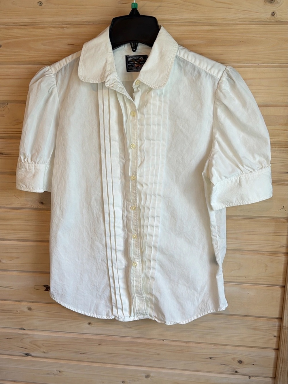 American Living white pintuck puff sleeve button front blouse M